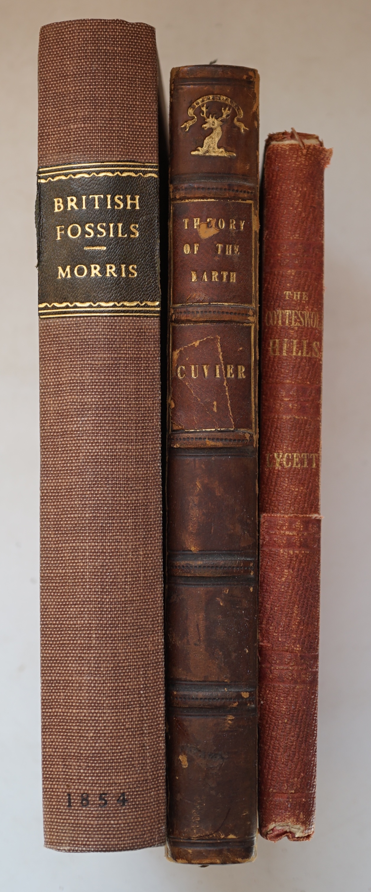 Morris, John - A Catalogue of British Fossils, 2nd edition, 1854; Lycett, John - The Cotteswold Hills. Hand-Book Introductory to their Geology and Palaeontology, 8vo, red blind stamped cloth, spine partly torn, 1857; Cuv